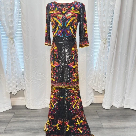 Alice and Olivia Beaded Sequin Embroidered Gown Dress Black Multicolor Size 8